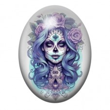 Cabochon en Verre Illustré Femme Calavera Bleue aux Roses Mauves 13x18, 18x25 ou 30x40mm pour la création de bijoux fantaisie - 
