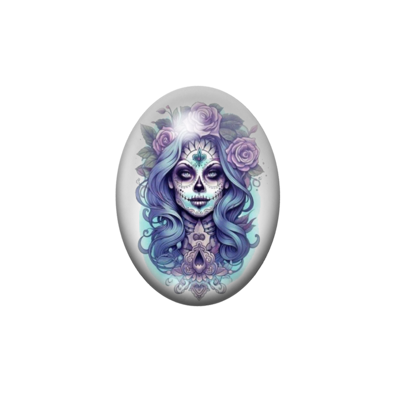 Cabochon en Verre Illustré Femme Calavera Bleuté Gothique 13x18, 18x25 ou 30x40mm