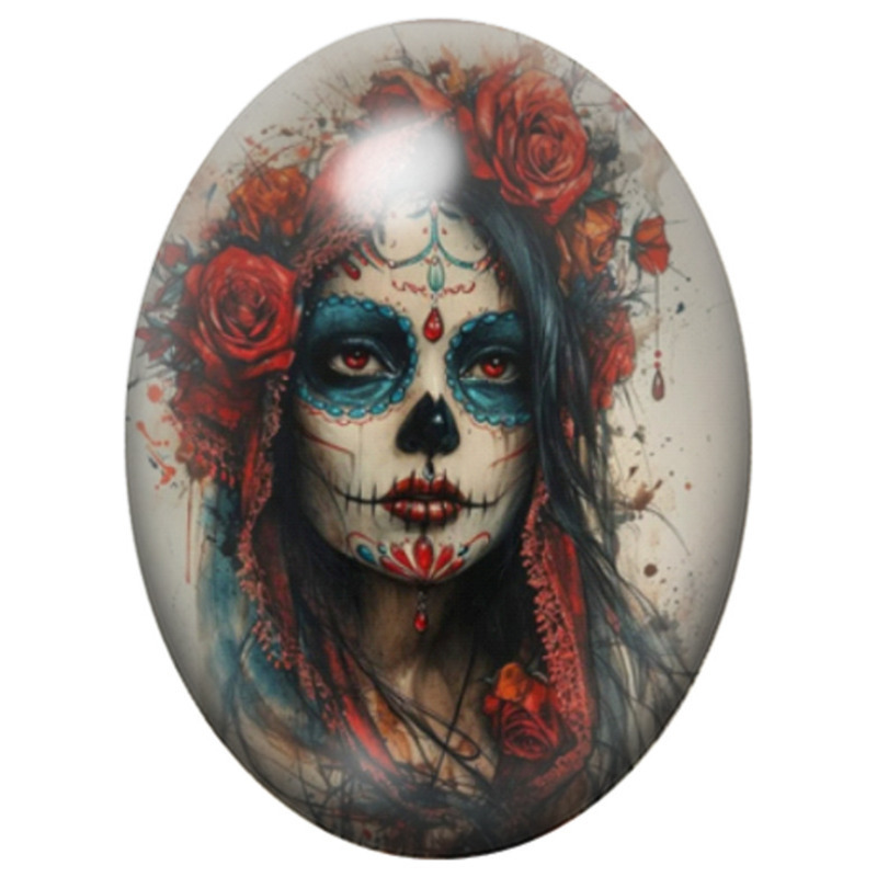 Cabochon en Verre Illustré Femme Calavera aux Roses Rouges 13x18, 18x25 ou 30x40mm