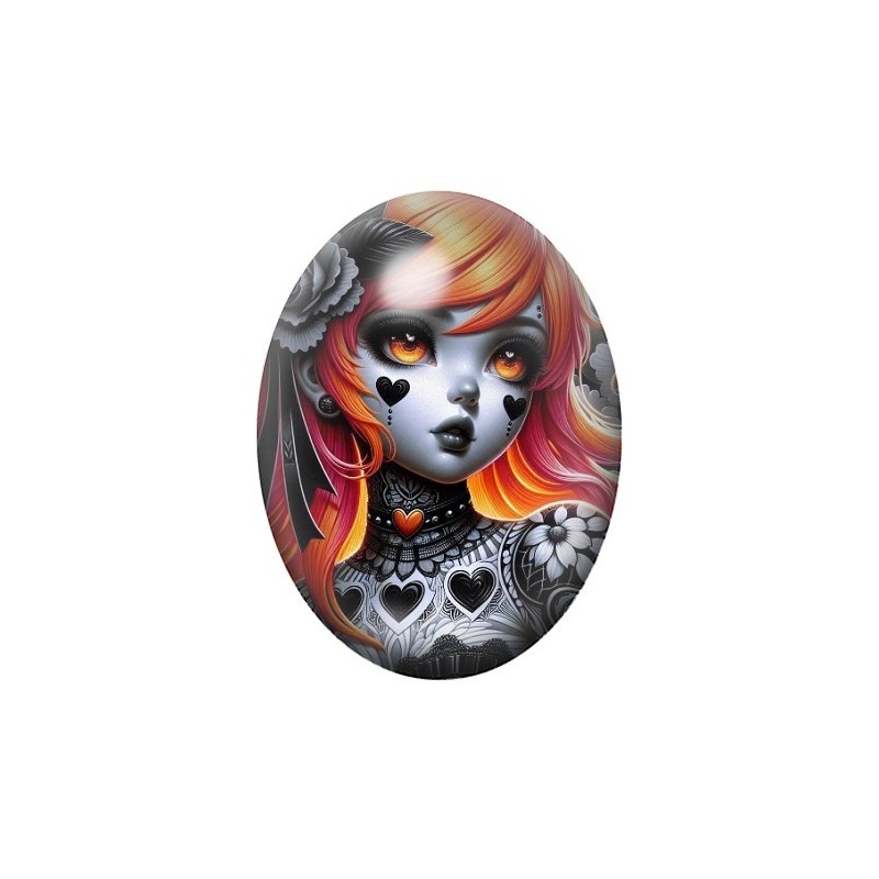 Cabochon en Verre Illustré Jeune Fille Coeur Gothique 13x18, 18x25 ou 30x40mm