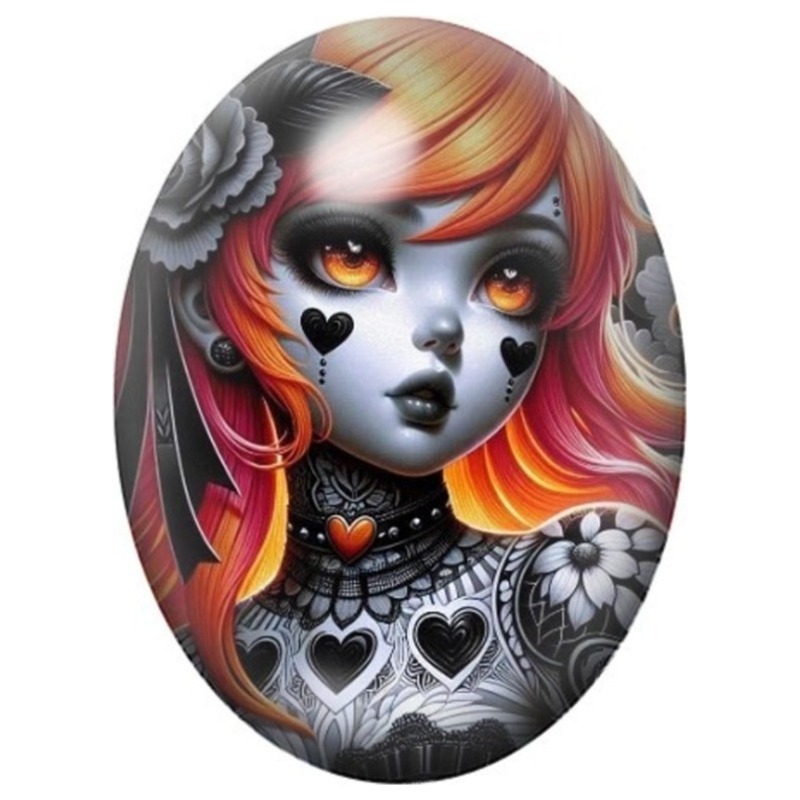 Cabochon en Verre Illustré Jeune Fille Gothique aux Cheveux Orange 13x18, 18x25 ou 30x40mm