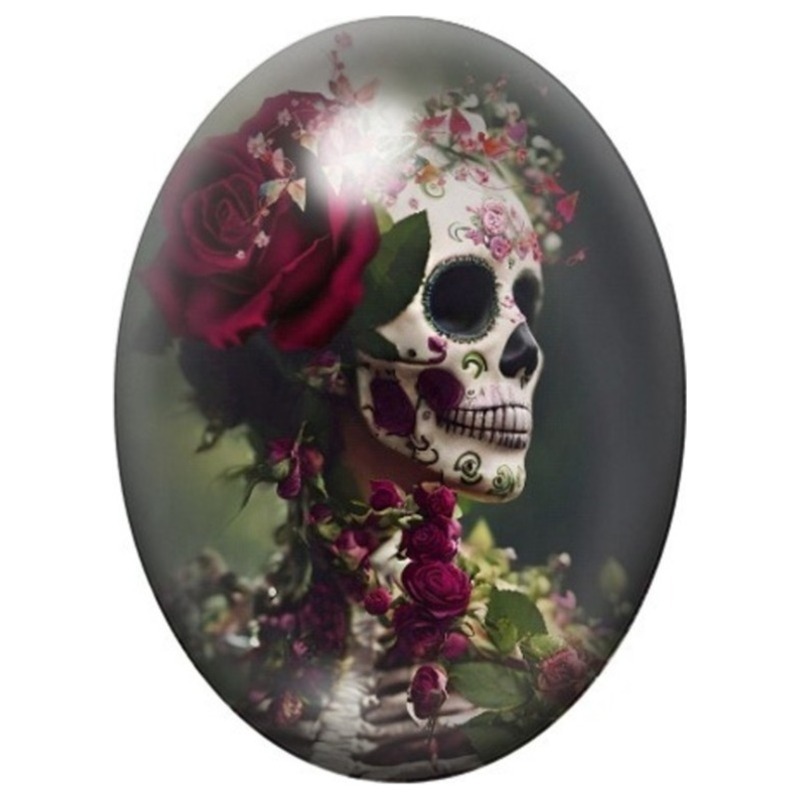 Cabochon en Verre Illustré Crâne Calavera aux Roses Sombres 13x18, 18x25 ou 30x40mm