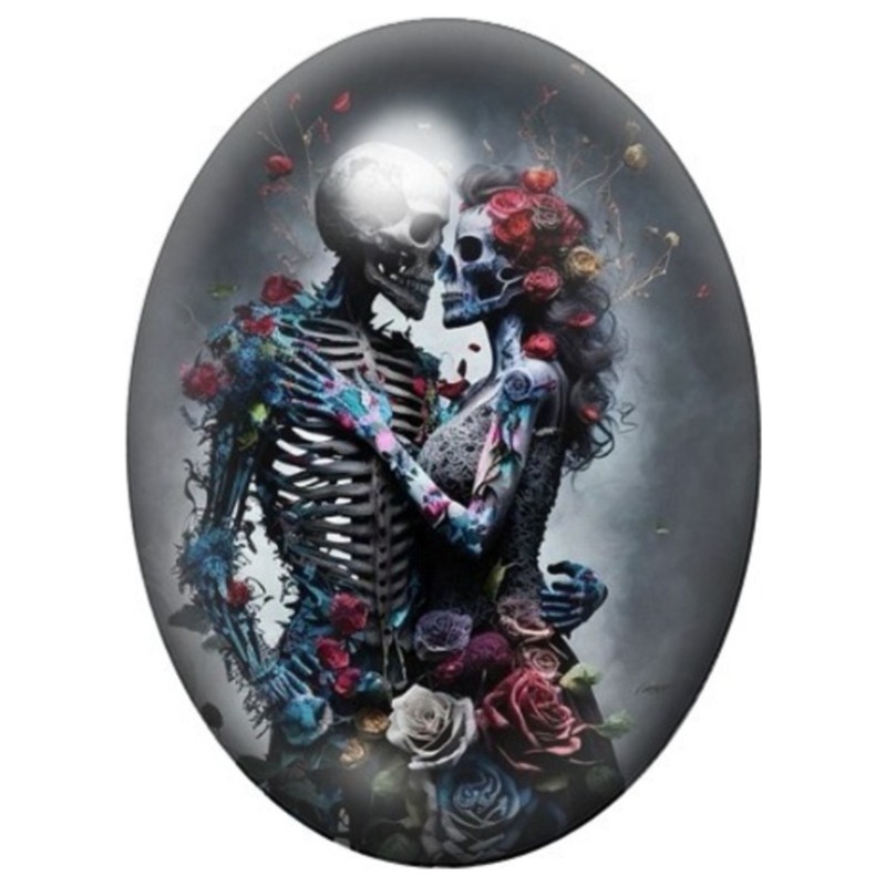 Cabochon en Verre Illustré Squelettes Amoureux aux Roses 13x18, 18x25 ou 30x40mm