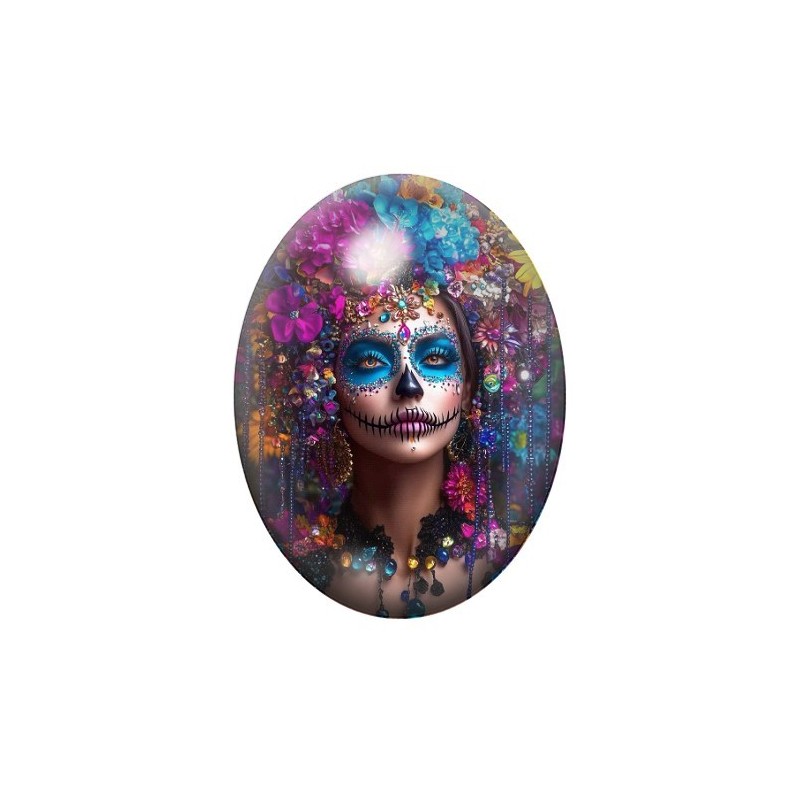 Cabochon en Verre Illustré Femme Calavera Coloré Gothique 13x18, 18x25 ou 30x40mm