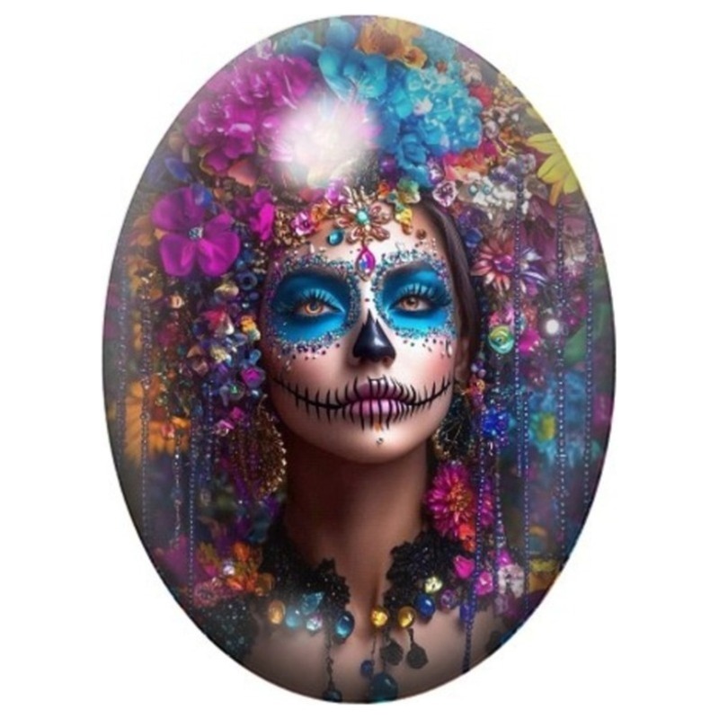 Cabochon en Verre Illustré Femme Calavera Colorée aux Fleurs 13x18, 18x25 ou 30x40mm