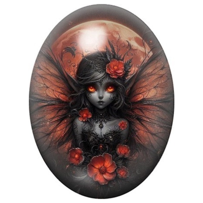 Cabochon en Verre Illustré Fée Gothique aux Ailes Rouges et Fleurs 13x18, 18x25 ou 30x40mm