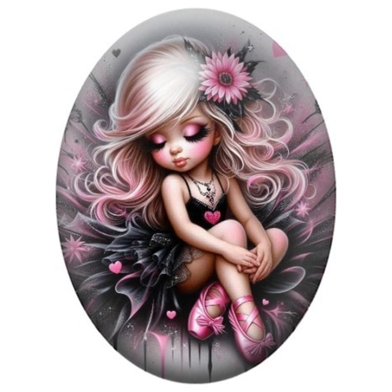 Cabochon en Verre Illustré Petite Ballerine Gothique aux Cheveux Roses 13x18, 18x25 ou 30x40mm
