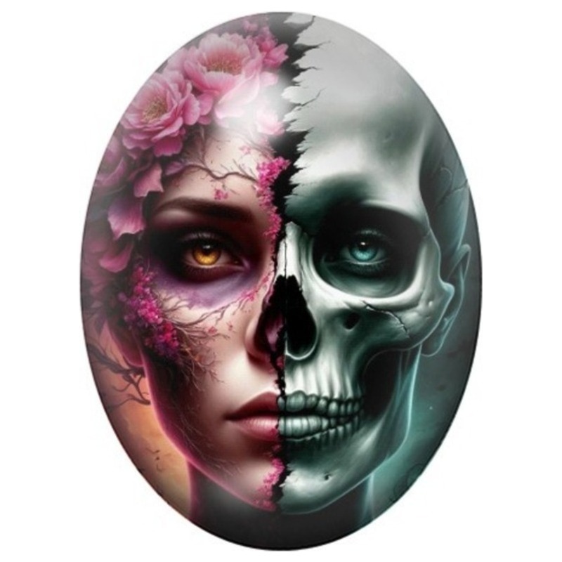 Cabochon en Verre Illustré Visage Mi-Femme Mi-Calavera Fleuri 13x18, 18x25 ou 30x40mm