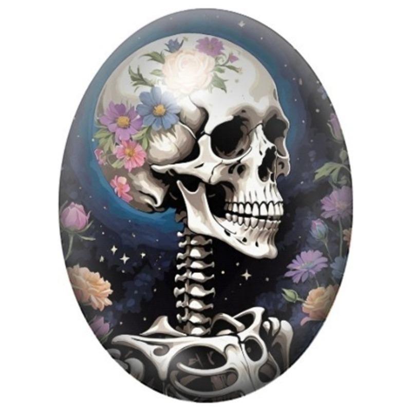 Cabochon en Verre Illustré Squelette Fleuri sous un Ciel Étoilé 13x18, 18x25 ou 30x40mm