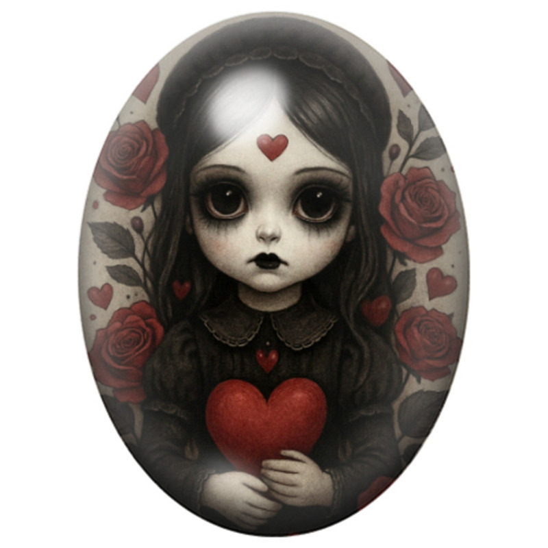 Cabochon en Verre Illustré Petite Fille Gothique au Cœur Rouge 13x18, 18x25 ou 30x40mm