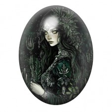 Cabochon en Verre Illustré Femme Gothique aux Feuillages Verts 13x18, 18x25 ou 30x40mm pour la création de bijoux fantaisie - DI