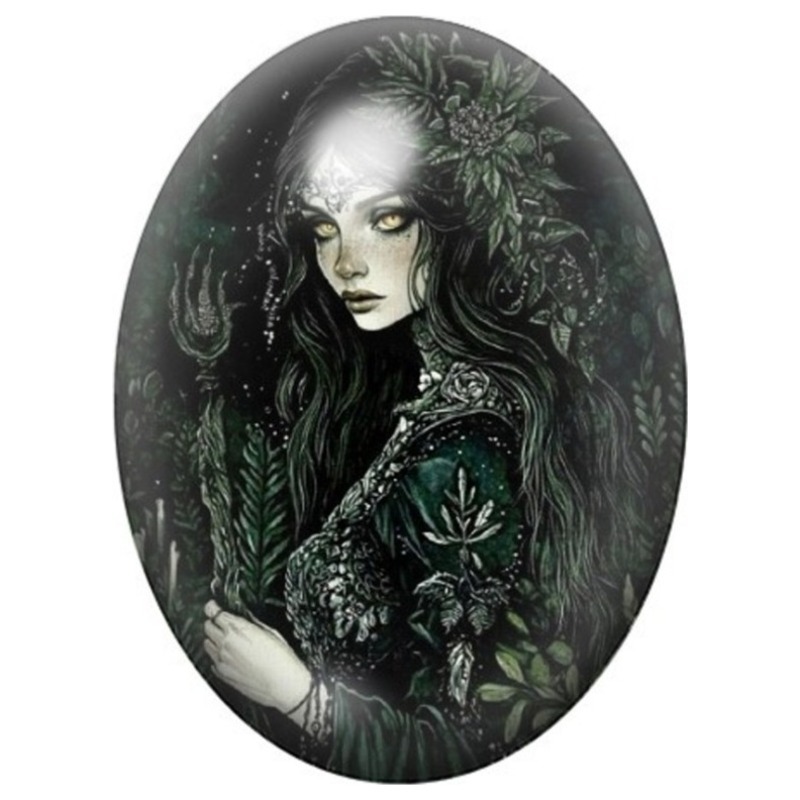 Cabochon en Verre Illustré Femme Gothique aux Feuillages Verts 13x18, 18x25 ou 30x40mm