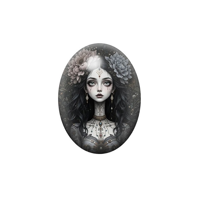 Cabochon en Verre Illustré Femme Fleurs Gothique 13x18, 18x25 ou 30x40mm