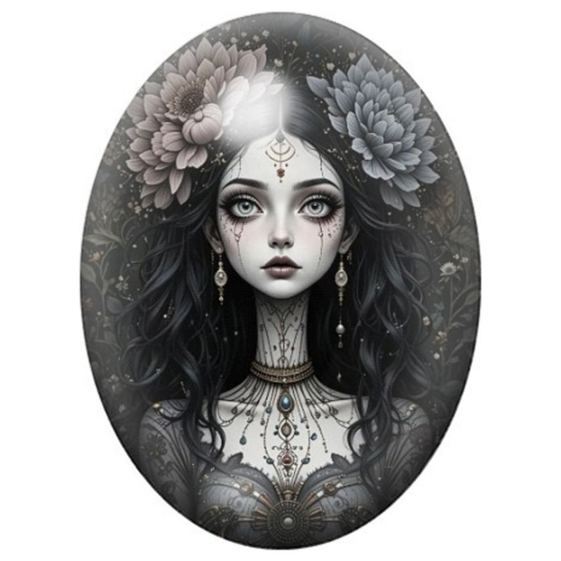 Cabochon en Verre Illustré Femme Gothique aux Fleurs Grises 13x18, 18x25 ou 30x40mm