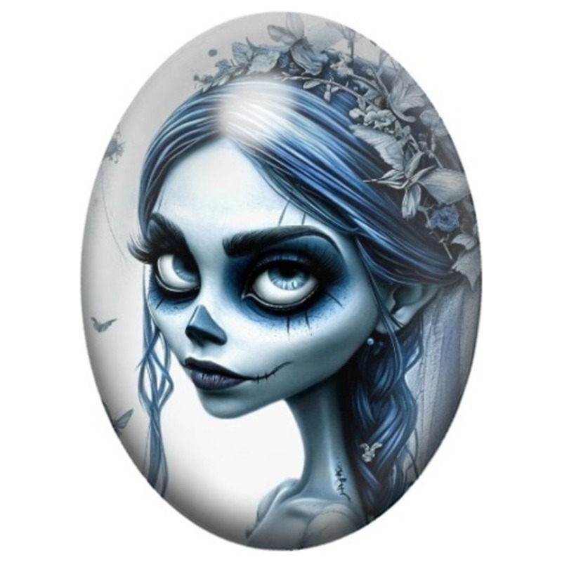 Cabochon en Verre Illustré Mariée Fantôme aux Cheveux Bleus 13x18, 18x25 ou 30x40mm
