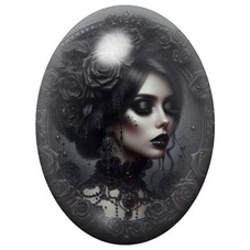 Cabochon en Verre Illustré Femme Gothique aux Roses Noires 13x18, 18x25 ou 30x40mm pour la création de bijoux fantaisie - DIY