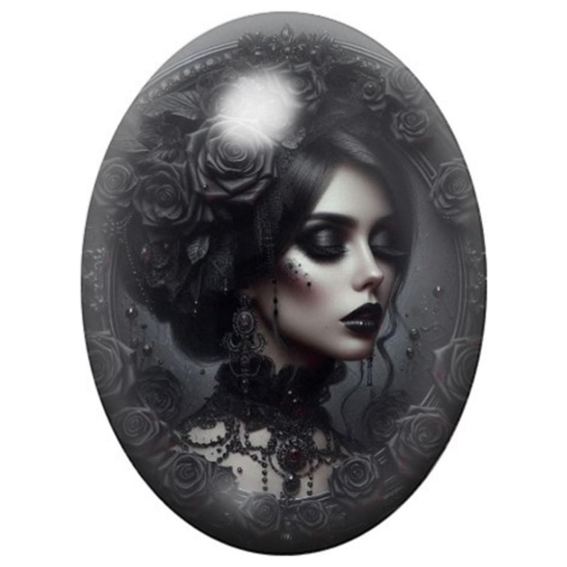 Cabochon en Verre Illustré Femme Gothique aux Roses Noires 13x18, 18x25 ou 30x40mm