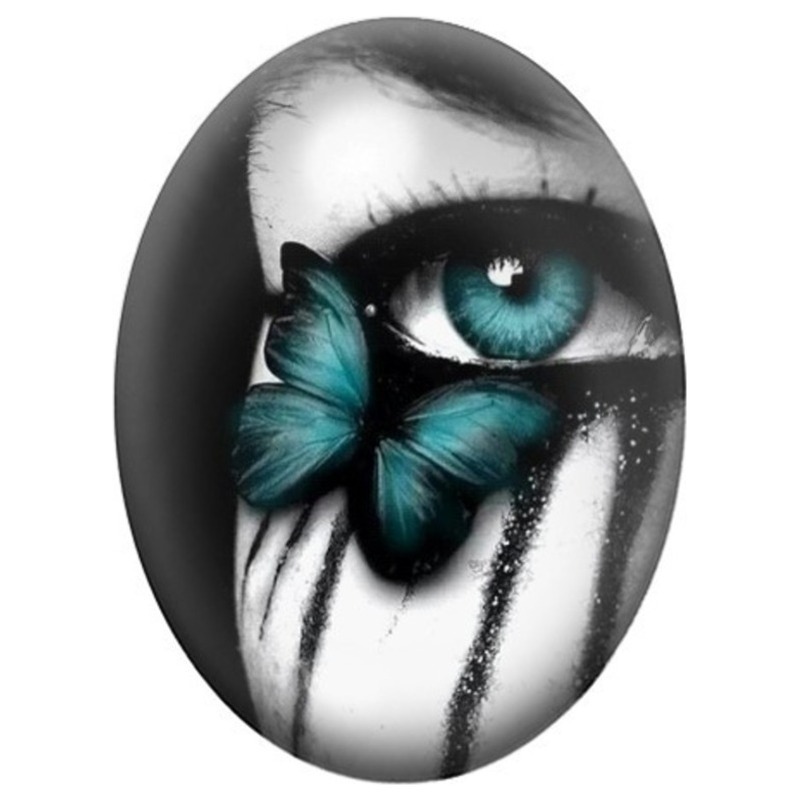 Cabochon en Verre Illustré Œil Bleu au Papillon Turquoise 13x18, 18x25 ou 30x40mm