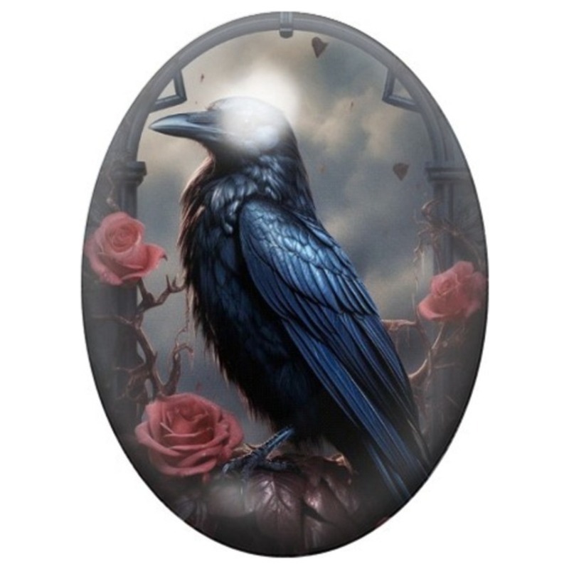 Cabochon en Verre Illustré Corbeau Bleu devant une Horloge 13x18, 18x25 ou 30x40mm