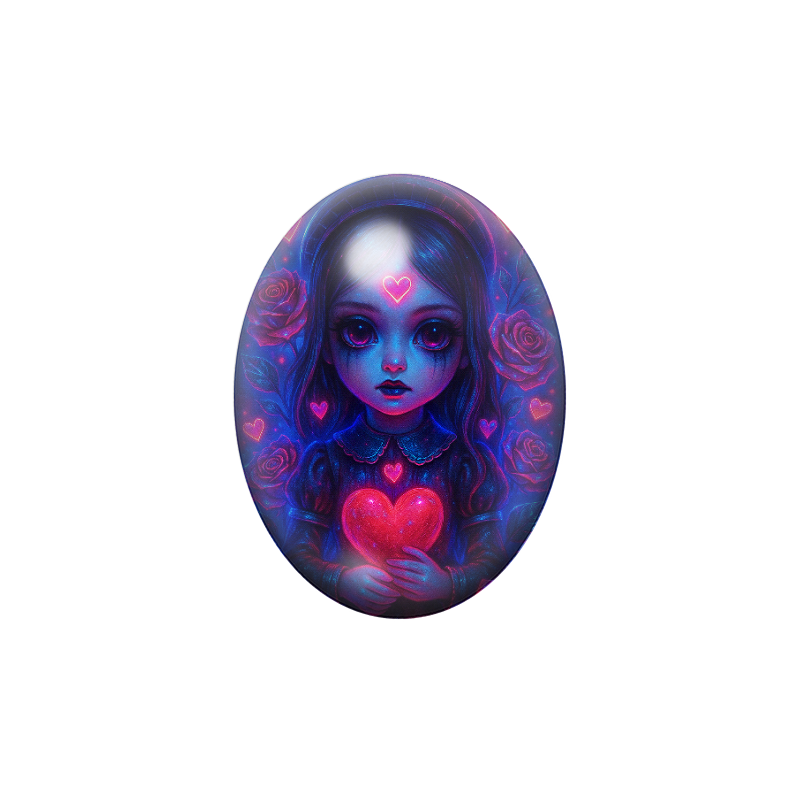 Cabochon en Verre Illustré Petite Fille Coeur Gothique 13x18, 18x25 ou 30x40mm