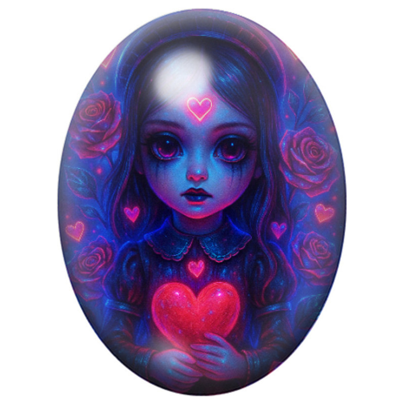 Cabochon en Verre Illustré Petite Fille Gothique au Cœur Lumineux 13x18, 18x25 ou 30x40mm