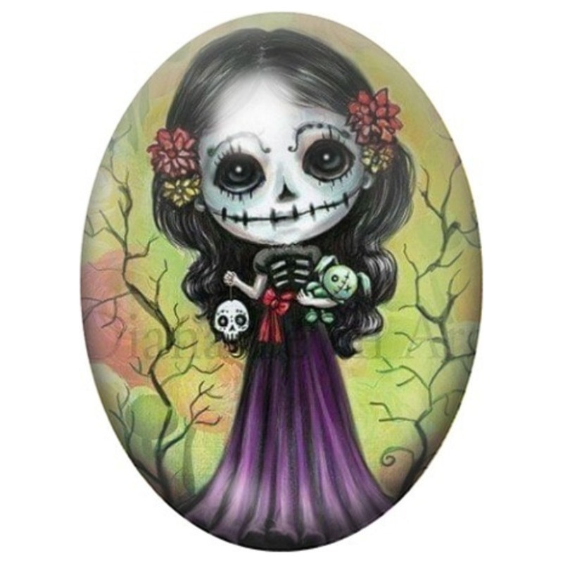 Cabochon en Verre Illustré Calavera au Chat Noir et Robe Violette 13x18, 18x25 ou 30x40mm
