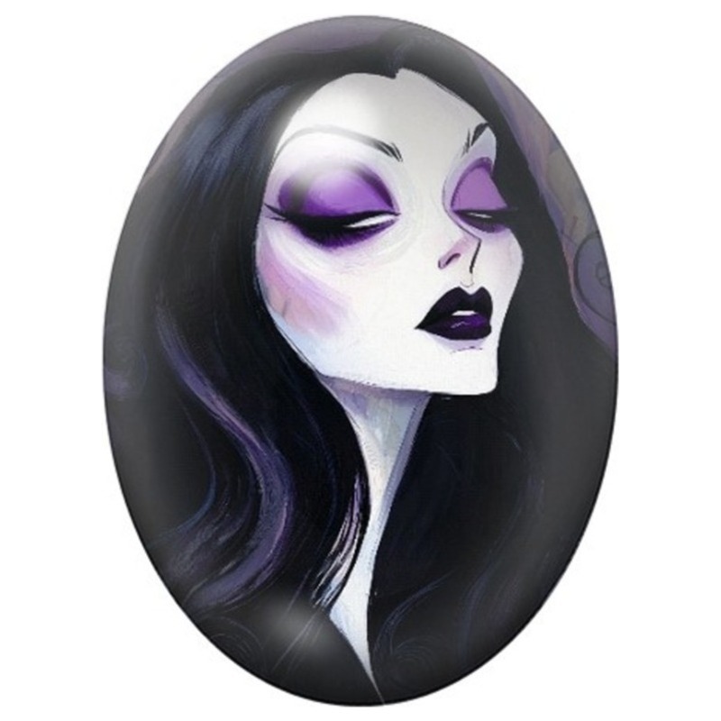 Cabochon en Verre Illustré Femme Gothique aux Paupières Violettes 13x18, 18x25 ou 30x40mm