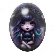 Cabochon en Verre Illustré Petite Fille Gothique au Chat Noir 13x18, 18x25 ou 30x40mm pour la création de bijoux fantaisie - DIY