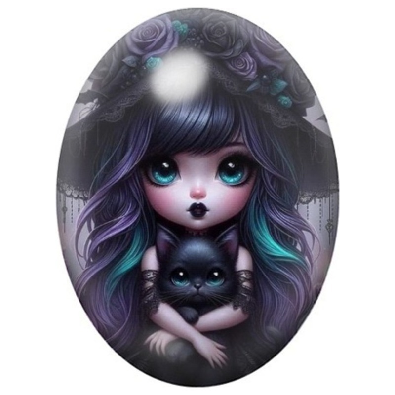 Cabochon en Verre Illustré Petite Fille Gothique au Chat Noir 13x18, 18x25 ou 30x40mm