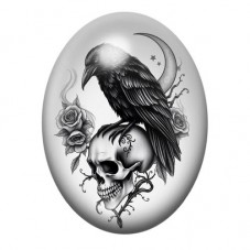 Cabochon en Verre Illustré Corbeau sur un Crâne aux Roses 13x18, 18x25 ou 30x40mm pour la création de bijoux fantaisie - DIY