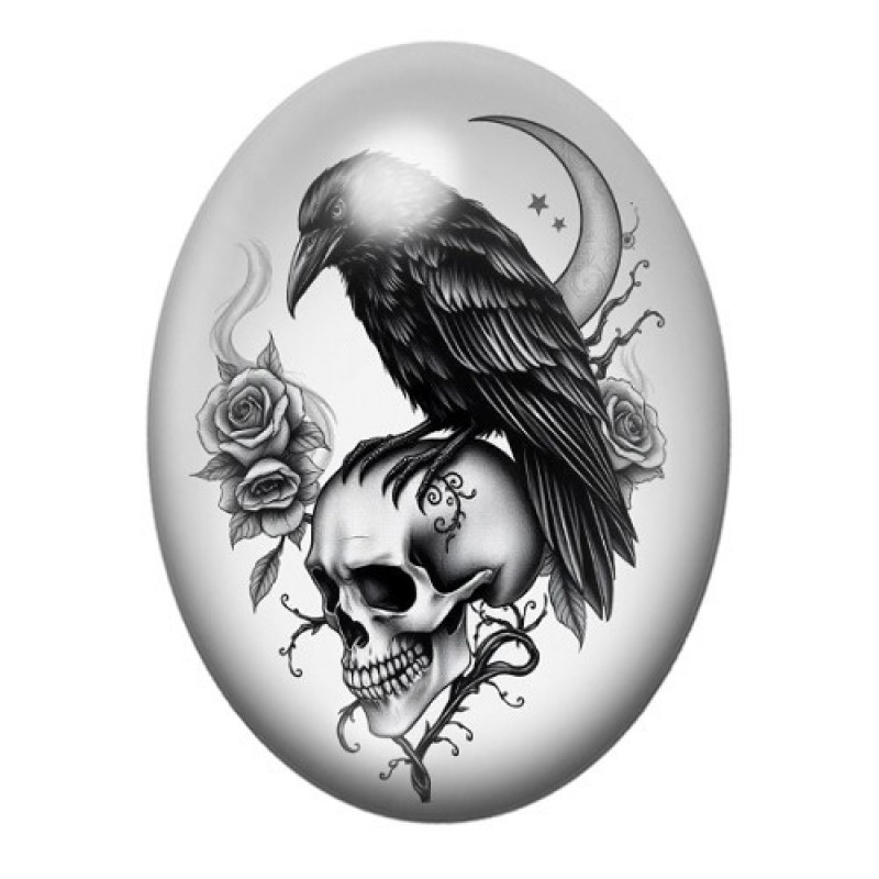 Cabochon en Verre Illustré Corbeau Crâne Fleurs Gothique 13x18, 18x25 ou 30x40mm