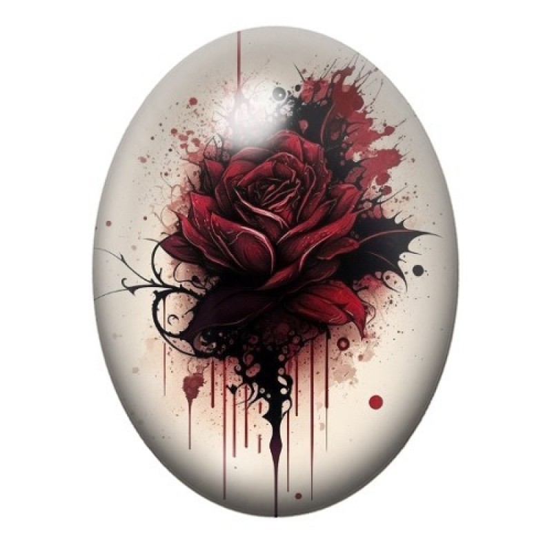Cabochon en Verre Illustré Rose Rouge Fleur Gothique 13x18, 18x25 ou 30x40mm
