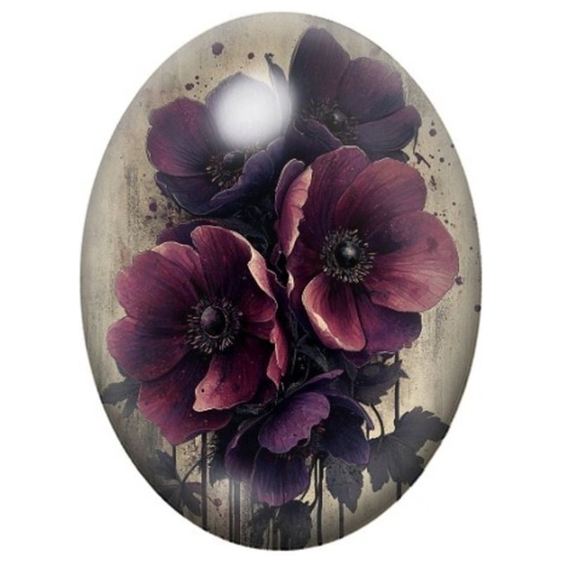 Cabochon en Verre Illustré Bouquet de Fleurs Pourpres 13x18, 18x25 ou 30x40mm