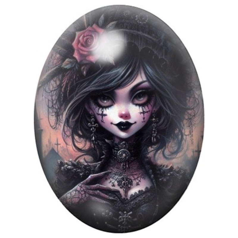 Cabochon en Verre Illustré Femme Gothique aux Roses et Cheveux Violets 13x18, 18x25 ou 30x40mm