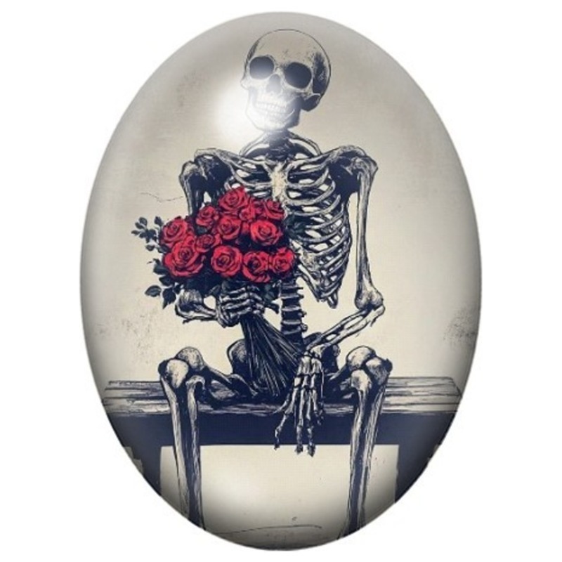 Cabochon en Verre Illustré Squelette au Bouquet de Roses Rouges 13x18, 18x25 ou 30x40mm