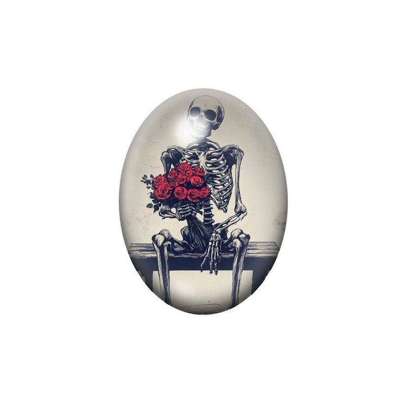 Cabochon en Verre Illustré Squelette Bouquet de Roses Rouges Gothique 13x18, 18x25 ou 30x40mm