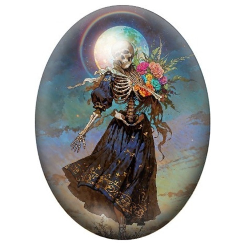 Cabochon en Verre Illustré Femme Squelette Fleurie sous la Pleine Lune 13x18, 18x25 ou 30x40mm