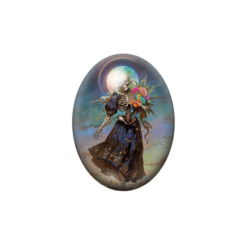 Cabochon en Verre Illustré Femme Squelette Fleurs Gothique 13x18, 18x25 ou 30x40mm