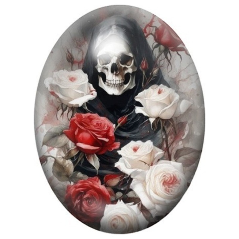 Cabochon en Verre Illustré Faucheuse aux Roses Rouges et Blanches 13x18, 18x25 ou 30x40mm