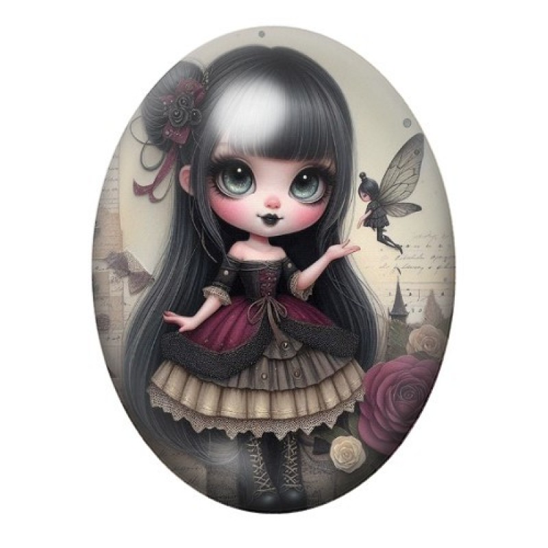 Cabochon en Verre Illustré Petite Fille Gothique au Papillon 13x18, 18x25 ou 30x40mm
