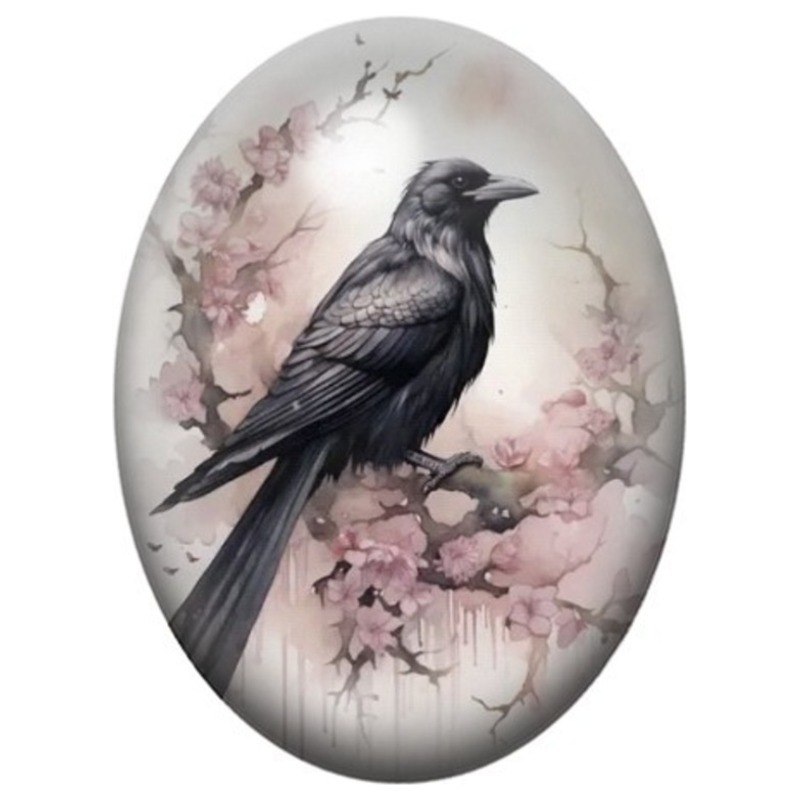 Cabochon en Verre Illustré Corbeau sur une Branche Fleurie Rose 13x18, 18x25 ou 30x40mm