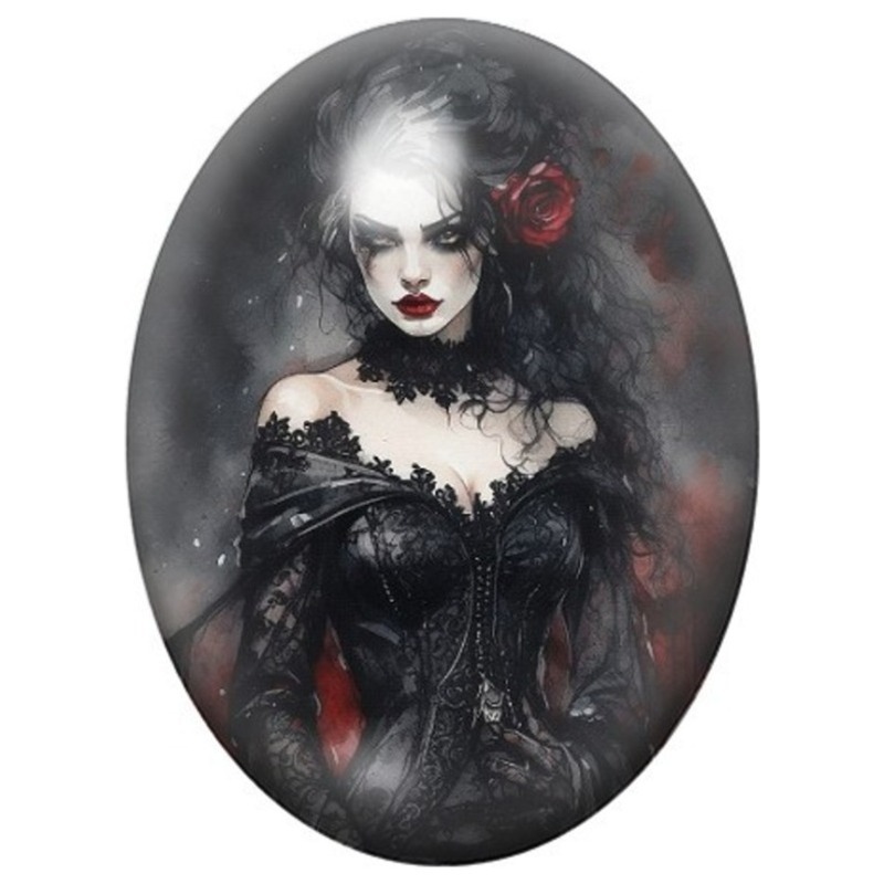 Cabochon en Verre Illustré Femme Gothique à la Rose Rouge 13x18, 18x25 ou 30x40mm