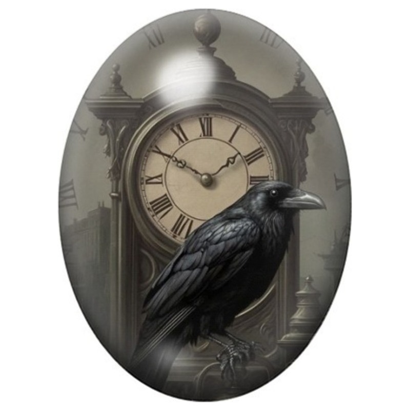 Cabochon en Verre Illustré Corbeau devant une Horloge Ancienne 13x18, 18x25 ou 30x40mm
