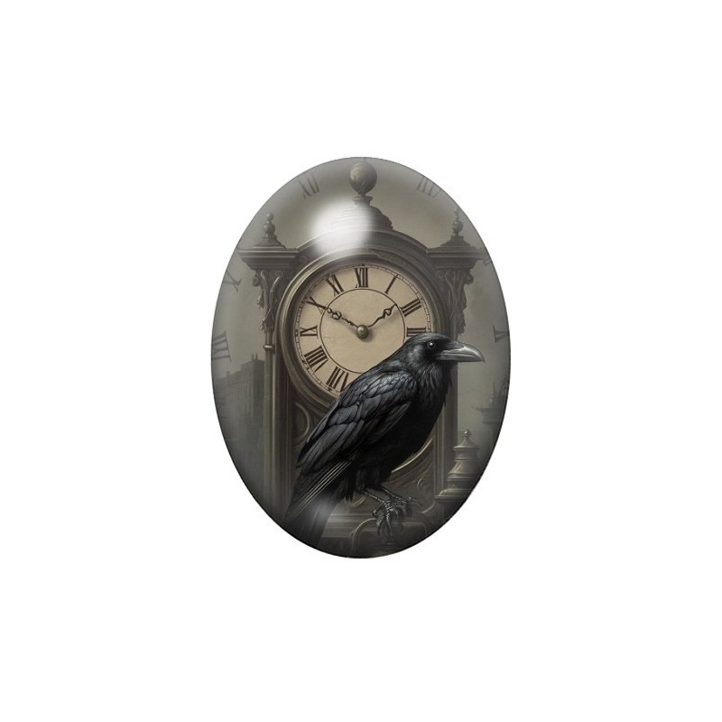 Cabochon en Verre Illustré Corbeau Horloge Gothique 13x18, 18x25 ou 30x40mm