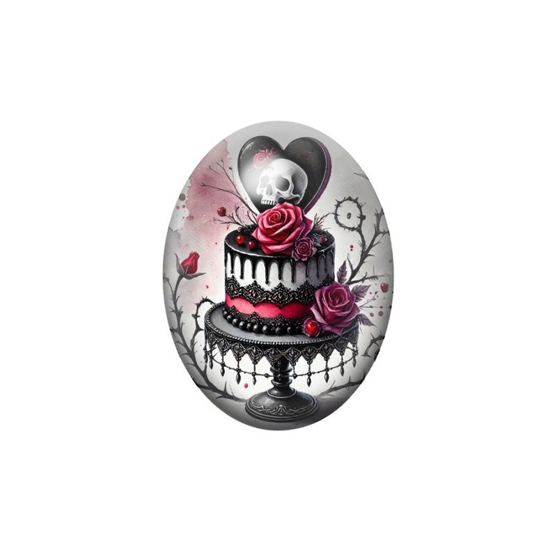 Cabochon en Verre Illustré Gâteau Crâne Gothique 13x18, 18x25 ou 30x40mm