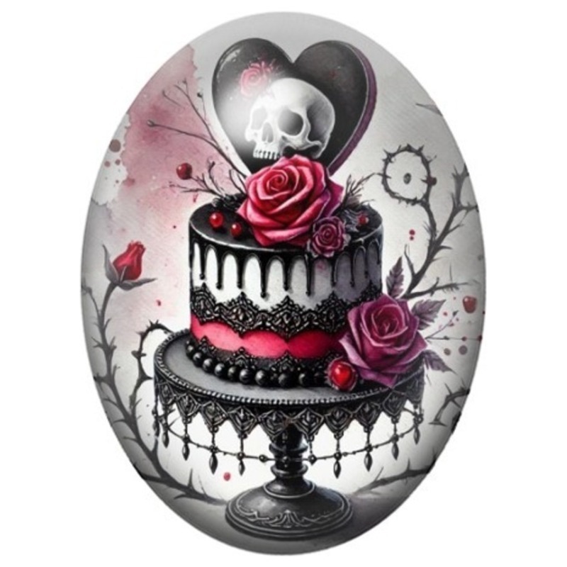 Cabochon en Verre Illustré Gâteau Gothique au Crâne et aux Roses 13x18, 18x25 ou 30x40mm