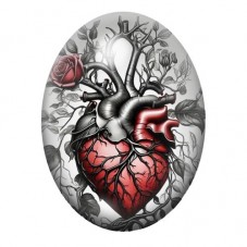 Cabochon en Verre Illustré Cœur Anatomique Rouge aux Roses 13x18, 18x25 ou 30x40mm pour la création de bijoux fantaisie - DIY