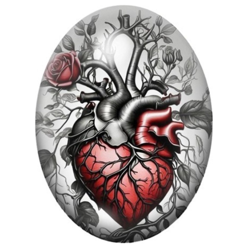 Cabochon en Verre Illustré Cœur Anatomique Rouge aux Roses 13x18, 18x25 ou 30x40mm