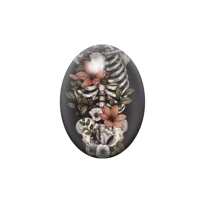 Cabochon en Verre Illustré Buste Squelette Fleurs Gothique 13x18, 18x25 ou 30x40mm