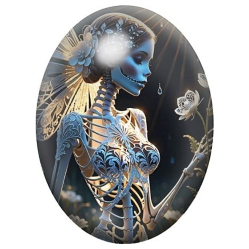 Cabochon en Verre Illustré Femme Squelette Bleue aux Papillons 13x18, 18x25 ou 30x40mm